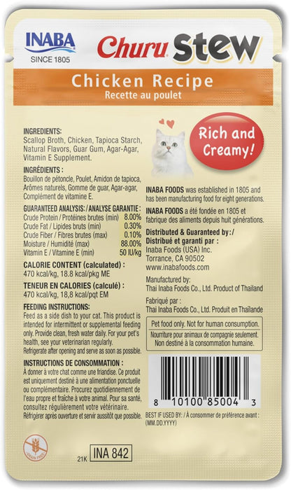 INABA Churu Stew for Cats, Creamy Broth Gelée with Shredded Chicken Topper/Treat Pouch with Vitamin E, 1.4 Ounces per Pouch, 12 Pouches, Chicken Recipe