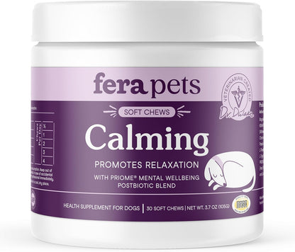 Fera Pets Dog Calming Chews - Anxiety Relief Support - Promotes Relaxation - Ashwagandha & Priome® Mental Wellbeing Postbiotic Blend - 30 Soft Chews