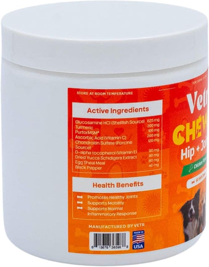 Vetr Hip and Joint Chicken Flavored Chews for Dogs - Glucosamine Chondroitin MSM Supplement - 60 Chewable Tablets - Vet-Formulated in USA