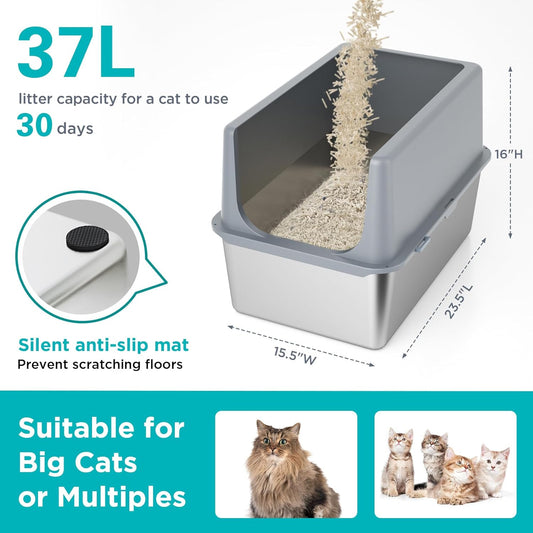 LIHONG Stainless Steel Litter Box with Lid, XL Metal Cat Box for Indoor Cats, Enclosure Cat Litter Pan for Large Cats, Non-Sticky Large Kitty Litter Box, Anti-Leakage, 23.5" X 15.5" X 16"