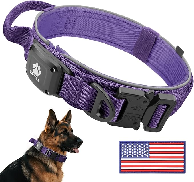 2026 Upgrade Dog Collar with IPX8 Waterproof AirTag Holder,Military Tactical Comfortable Control Handle and Ultra-Durable Metal Buckle/Night Reflective,GPS Collar for Medium to Large Dogs（Purple/L）