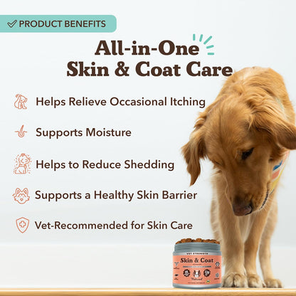 Natural Dog Company Vet Strength Omega Skin & Coat Chews for Dogs – Supports Itchy Skin Relief, Moisture Balance & Coat Hydration, Biotin & Vitamin E, Dry Skin Care, Vet-Recommended, USA Made, 90 Ct