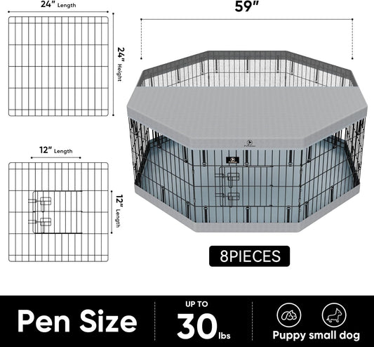 PJYuCien Dog Playpen, 8 Panels 24”H Dog Playpen Indoor with Grey Bottom Pad and Top Cover, Metal Foldable Dog Pen for Indoor Use, Only for Small Medium Animals, Grey