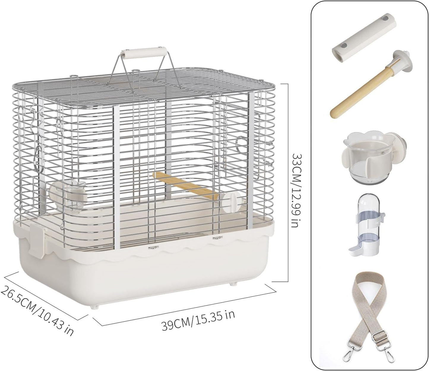 Bird Carrier Travel Cage, Durable Portable Stainless Steel Birdcage with Bird Perch & Feeding Bowl for Parrots Canaries Budgies Lovebirds Conures Cockatiels (Large White)