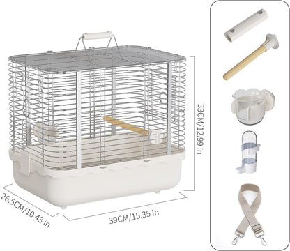 Bird Carrier Travel Cage, Durable Portable Stainless Steel Birdcage with Bird Perch & Feeding Bowl for Parrots Canaries Budgies Lovebirds Conures Cockatiels (Large White)