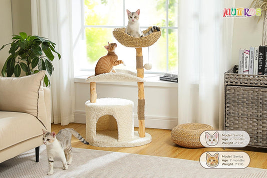 Modern Cat Tree Tower for Large Cats, Wood Cat Tower with Natural Scratching Post, Solid Wood Condo, Real Branch Luxury Cat Furniture with Curved Bed, Top Basket, White