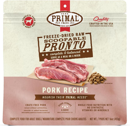 Primal Freeze Dried Dog Food, Pronto Mini Nuggets, Pork; Scoop & Serve, Complete & Balanced Meal; Also Use As Topper or Treat; Premium, Healthy, Grain Free, High Protein Raw Dog Food (16 oz)