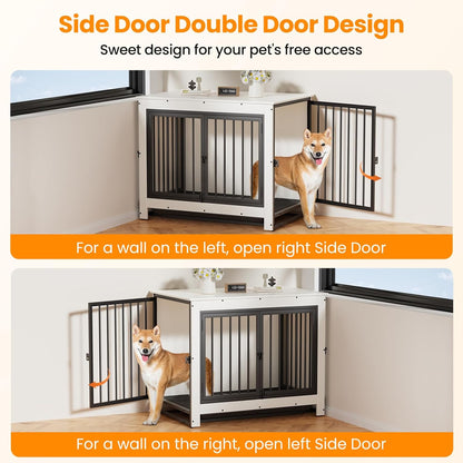 Dog Crate Furniture, Dog Crate End Table for Medium and Large Dogs,Wooden Cage Kennel Furniture Indoor, Modern Dog Crate with Multi-Purpose Removable Tray, Double-Doors Dog Furniture, White