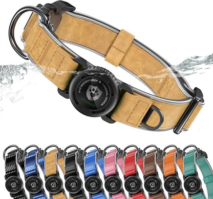 WhoseID Premium Leather Dog Collar for Large Dogs - IPX8 Waterproof AirTag Dog Collar | Magnetic Buckle Heavy Duty Collar | 450LB Escape-Proof | Reflective Dog Collar with AirTag Holder
