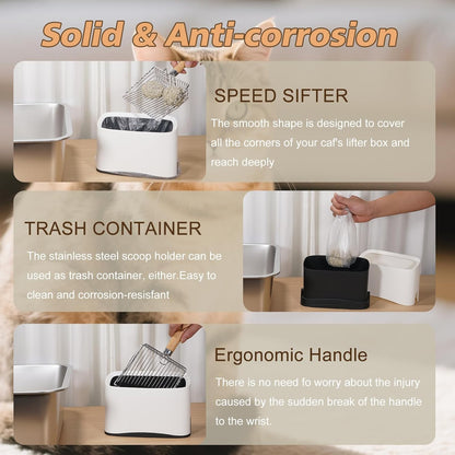 Metal Cat Litter Scoop with Holder, Poop Scooper with Stand&2 Rolls of Garbage Bag, Heavy Duty Stainless Steel Shovel with Wooden, Kitty Quick Sifter for Easy Cleaning, Essential Item for Cat