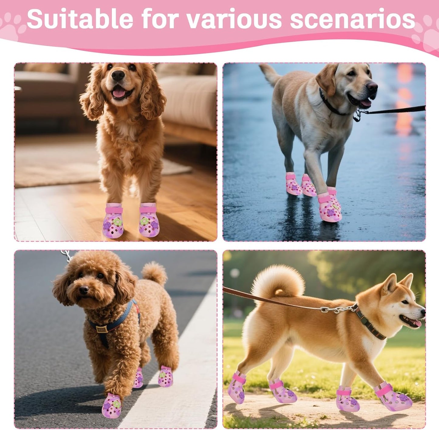 Dog Shoes for Hot Pavement, Adjustable Magic Tape Boots for Small, Medium & Large Dogs, Anti-Slip, Easy to Clean Paw Protectors for Beach, Outdoor & Hot Weather (Pink M)