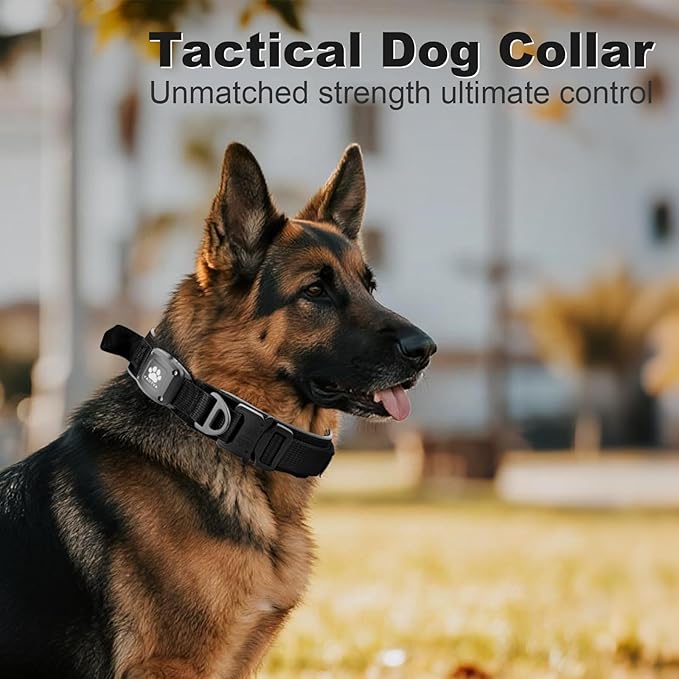 2026 Upgrade Dog Collar with IPX8 Waterproof AirTag Holder,Military Tactical Comfortable Control Handle and Ultra-Durable Metal Buckle/Night Reflective,GPS Collar for Medium to Large Dogs（Black/XL）