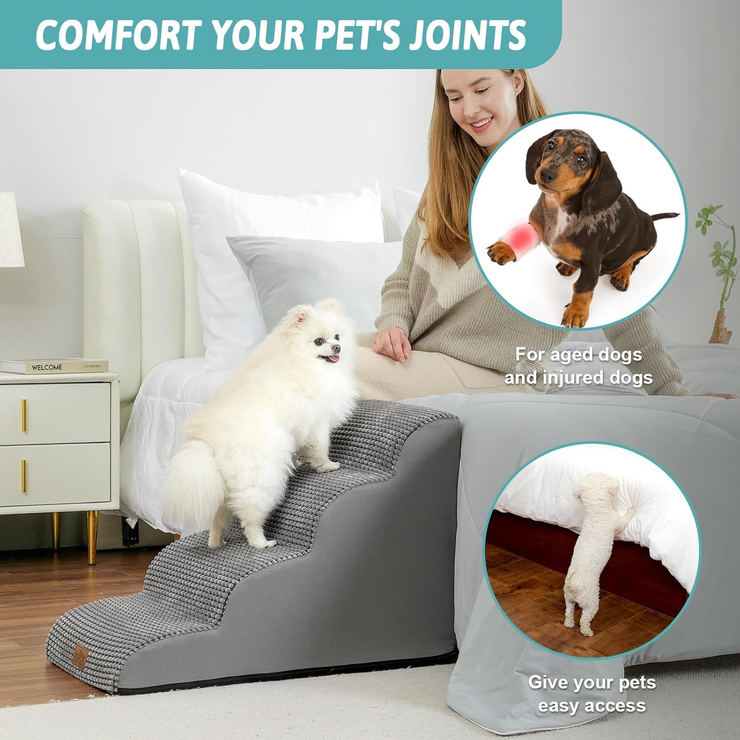 Dog Stairs for Small Dogs 19.7" H, Curved Dog Step for Puppy, Older or Cat, Medium Pet Ramp for Sofa, Couch or Bed, Ladder with High Density Foam, 15.7x28.3x19.7 inch, 4 Step, Light Grey - Pawvie