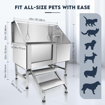 Dog Grooming Tub 62'' Dog Bathtub XL-Style Pet Bathing Tub Stainless Steel Dog Wash Station for Large Dogs Home Commercial with Faucet, Sliding Door