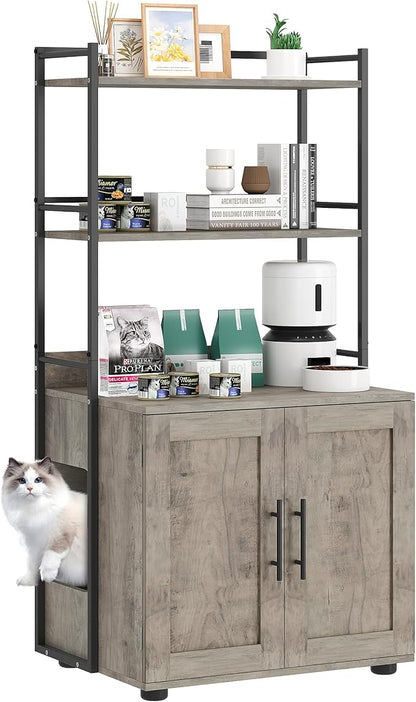Cat Litter Box Enclosure, Hidden Litter Box Furniture with 3 Storage Shelves and Doors, Rustic Indoor Cat Cabinet, Multi-Functional Storage for Food, Cats Toilet Furniture