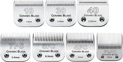 7Pack 10 Blades Dog Grooming Replacement Blades Compatible with Andis Pet Clipper/Oster A5/Wahl KM Series Dog Clipper,Ceramic Blade & Stainless Steel Blade (#10+30+40+3FC+4FC+5FC+7FC)