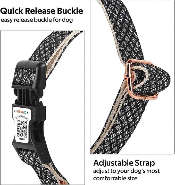 WhoseID Dog Collar with Waterproof AirTag Holder & Anti-Lost QR Code, Cute Bling Warpping Adjustable Width for Small Medium Large Pet (Black, L)