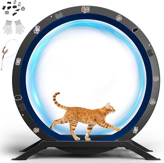 GTRACING Cat Wheels, 40" Diameter, Large Cat Exercise Wheel for Indoor Cats cat Treadmill Metal with Detachable Carpet & Teaser/Stickers, Ultra-Quiet Scroll Wheel with Latch, Safe and Stable, Blue