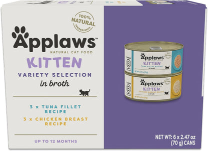 Applaws Natural Wet Kitten Food in Broth, Limited Ingredient, No Additives, Kitten Food Variety Pack in Broth (6 x 2.47oz Cans)
