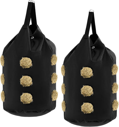 2 Pcs hay Bags for Horses Goats Slow Feed 1680D Oxford Bag Black Large Capacity Net Open Feed Hole Hay Holder for Horse Goats Sheep(15 Holes)