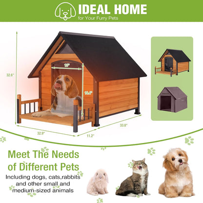 Dog House Outdoor Insulated, Sturdy & Warm Winter Puppy Shelter, 45" L Large Dog Kennel with Chew-Proof Iron Frame, Suitable for Small to Large Dogs(Brown)