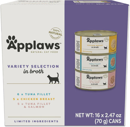 Applaws Natural Wet Canned Cat Food, Made with Limited and Natural Ingredients, Real Protein with No Artificial Additives, Variety Pack in Broth (16 x 2.47oz Cans)