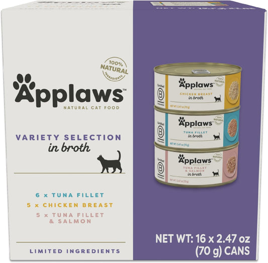 Applaws Natural Wet Canned Cat Food, Made with Limited and Natural Ingredients, Real Protein with No Artificial Additives, Variety Pack in Broth (16 x 2.47oz Cans)