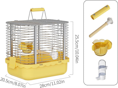 Bird Carrier Travel Cage, Durable Portable Stainless Steel Birdcage with Bird Perch & Feeding Bowl for Parrots Canaries Budgies Lovebirds Conures Cockatiels (Small Yellow)
