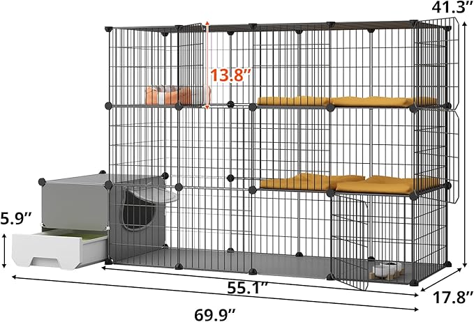 Oneluck Cat Cage with Litter Box,4-Tier DIY Enclosures Large Playpen Detachable Metal Wire Kennel Indoor Crate Large Exercise Place Ideal for 1-2 Cats (55.1" L x 17.8" W x 41.3" H)
