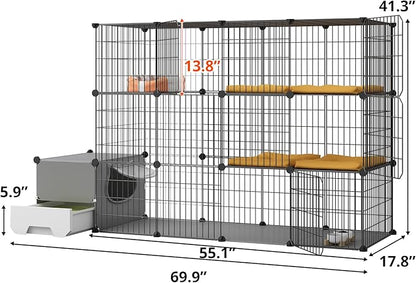 Oneluck Cat Cage with Litter Box,4-Tier DIY Enclosures Large Playpen Detachable Metal Wire Kennel Indoor Crate Large Exercise Place Ideal for 1-2 Cats (55.1" L x 17.8" W x 41.3" H)
