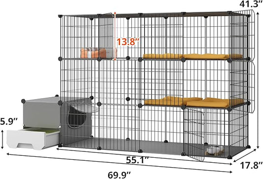 Oneluck Cat Cage with Litter Box,4-Tier DIY Enclosures Large Playpen Detachable Metal Wire Kennel Indoor Crate Large Exercise Place Ideal for 1-2 Cats (55.1" L x 17.8" W x 41.3" H)