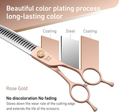 Fenice Peak Professional Curved Chunker Dog Grooming Scissors 7.0'' Rose Gold Thinning Shears Extremely Sharp Blades 440C Stainless Steel Thinning Shears Durable Smooth Fine Cut for Dogs and Cats.