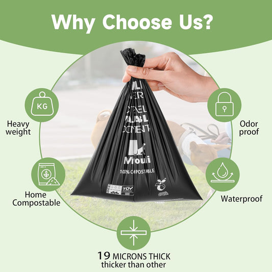 100% Certified Compostable Dog Poop Bag Rolls, 120 Bags (8 Rolls) Eco-Friendly Poop Bags for Dogs, Leak Proof Unscented Easy Open Poop Waste Bag(Black)