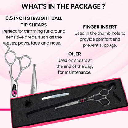 Kenchii Love Dog Grooming Scissors, 6.5 Inch Straight Balltip Shears, Dog Scissors for Grooming, Professional Pet Grooming Scissors, Safety Round Tip Shears