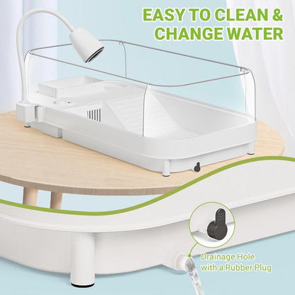 Large Turtle Tank Kit with Lamp and Filter, Acrylic Turtle Tank Starter Kit, Tank Aquarium with Heightened and Curved Fences, Bottom Drainage, Multi-Function Areas - Pawvie
