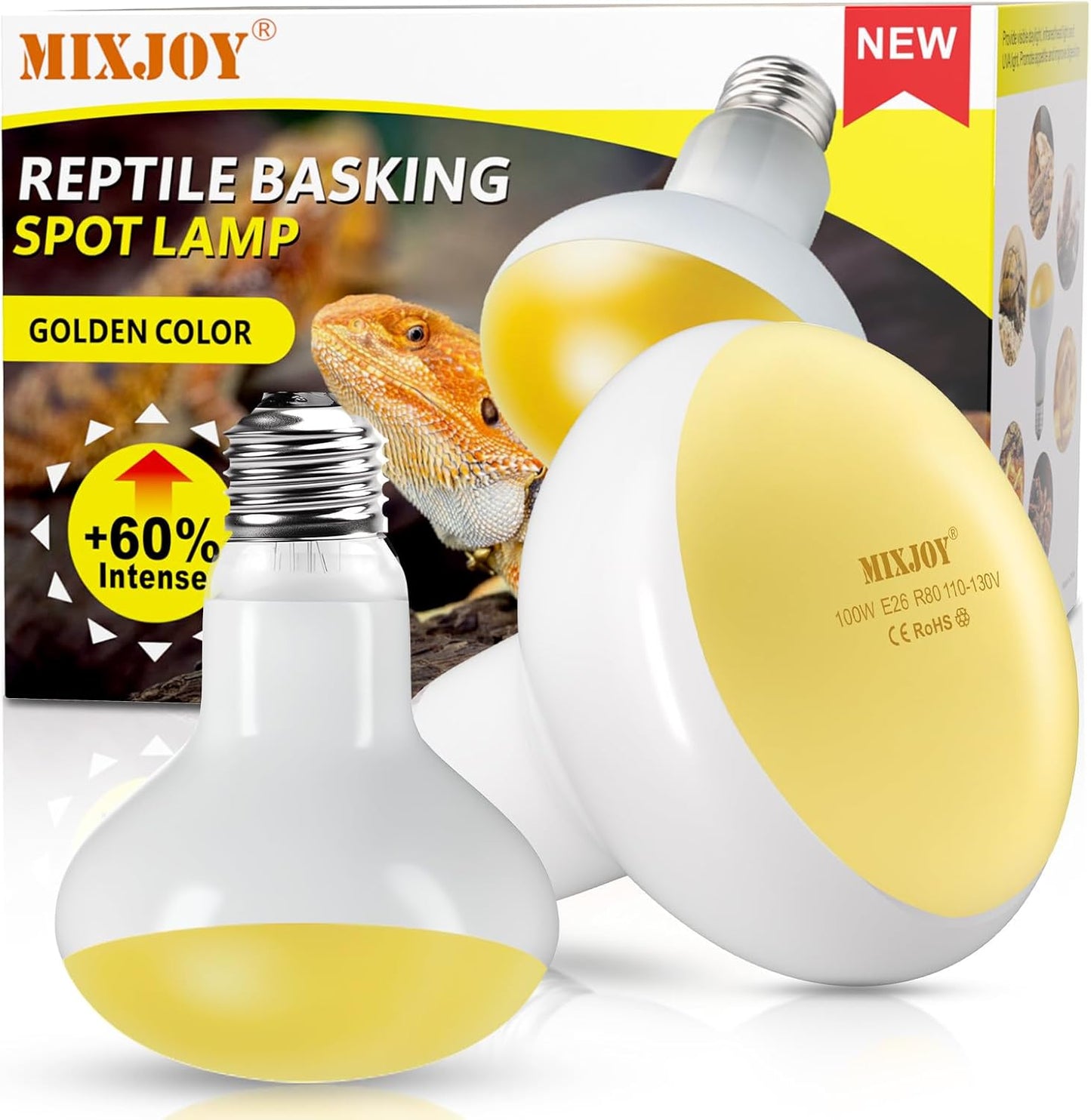 MIXJOY 2Pack Reptile Heat Lamp Bulbs 100W, 60% Intense Heat Bulb UVA Daylight Basking Spot Bulb for Reptiles, Turtle, Lizard, Tortoise, Bearded Dragon, Gecko, Chicken