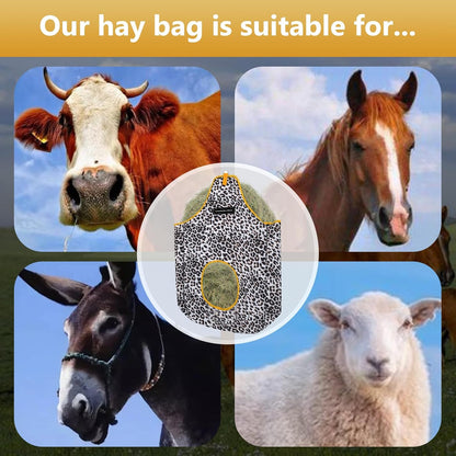 Horse Hay Bag Durable Oxford Fabric, Large Capacity Feeding Bag with Metal Snap Fastener, Slow Feeding Hay Sack, Ideal for Horse Cow Goats Donkey Perfect Hay Feeder with Open Feed Hole (Animal Print)