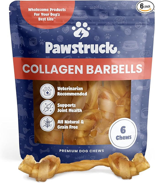 Pawstruck Natural Large Collagen Stick Barbells for Dogs - Vet-Approved Long Lasting Chew Alternative to Rawhide & Bully Sticks, with Glucosamine & Chondroitin - 6 Pack, Packaging May Vary