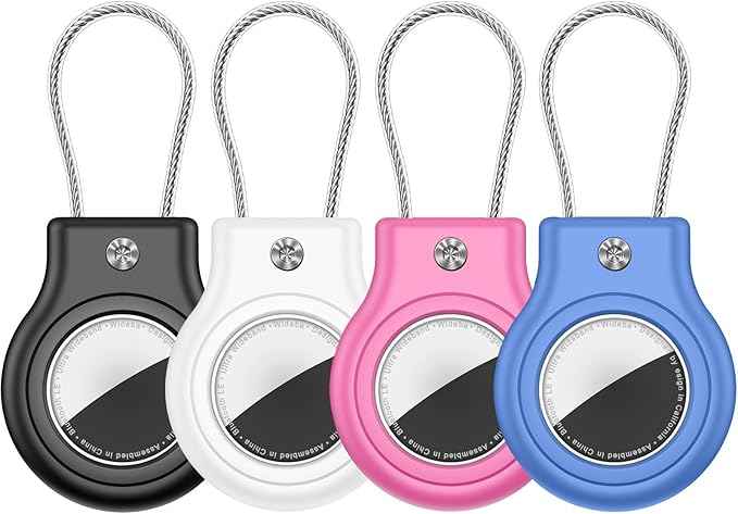 Waterproof Airtag Holder,4 Pack Airtag Case with Secure Lock,Airtags Keychain for Apple Air tags,Anti-Lost Protective Case Air tag Accessories for GPS Tracker Luggage,Bag,Key,Pet-Black/White/Pink/Blue