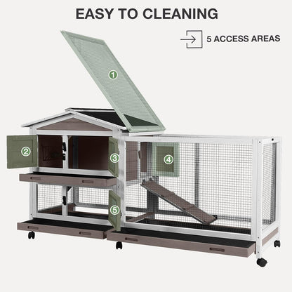 2-Story Indoor Rabbit Hutch with Chew-Proof Outdoor Rabbit Cage with 6 Locking Casters Bunny Cage 2 Pull-Out Trays Guinea Pigs Cage 62" Brown