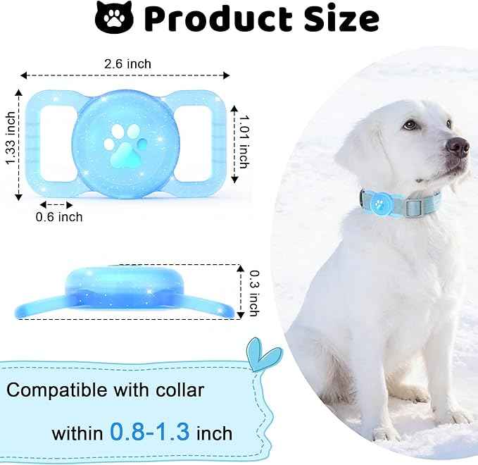 SANKALA Luminous Airtag Dog Collar Holder, [1 Pack] Glittery Waterproof Airtag Holder for Dog, Silicone Full Body Covered Anti-Lost Protective Airtag Case - Fits All Width Pet Collars, Blue Glitter