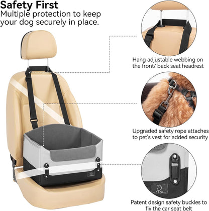 A4Pet Dog Car Seats for Small Dogs, Booster Car Seat with Patent Buckles & Clip-On Safety Leash, Pet Seat for Puppy Small Dogs Cats Under 25 Lbs, Grey