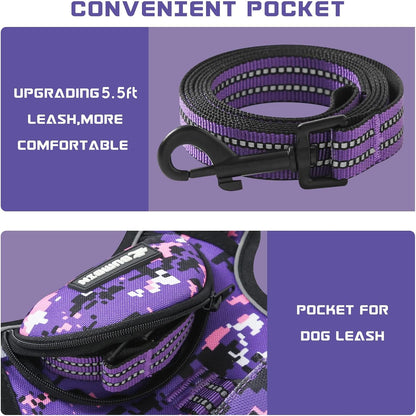 No Pull Dog Harness for Large Dogs, Adjustable No Choke Pet Vest with Dog Leash Fit Smart Reflective Pet Walking Harness for Training Easy Control Soft Handle Purple Camo XL