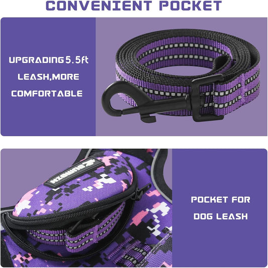 No Pull Dog Harness for Large Dogs, Adjustable No Choke Pet Vest with Dog Leash Fit Smart Reflective Pet Walking Harness for Training Easy Control Soft Handle Purple Camo XL