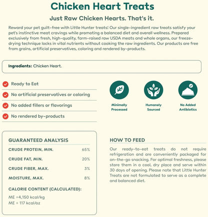 Little Hunter Freeze Dried Dog Treats - Chicken Hearts - Raw Single Ingredient Chicken Heart Dog Treats for Snacks, Training, Dog Food Toppers - All Natural, Healthy Dog & Puppy Treats, 2 oz
