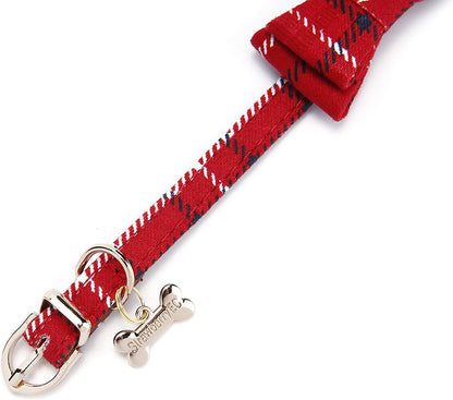 Puppy Collars for Small Dogs - StrawberryEC Adjustable Puppy Id Buckle Collar Leather. Cute Plaid Bandana Dog Collar (Bow-Red Grid)