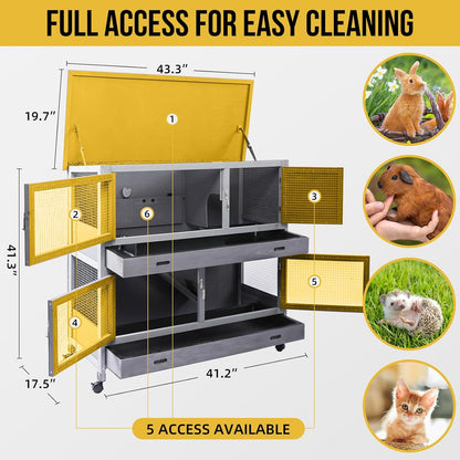 Rabbit Hutch Bunny Cage Indoor Outdoor with Wheel Deeper Tray Chew Proof Guinea Pig Cages 2 Decks Large Rabbit House with 4 Wooden Doors Weatherproof 41.3" L*17.3" W*41.3" H