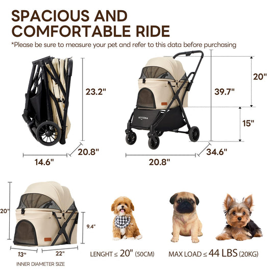 ăOne-Pull Open Ver.ă PETTENA Dog Stroller for Small Dogs, One-Touch Foldable Dog Stroller for Small/Medium Dogs Cats up to 44 Lbs, Khaki