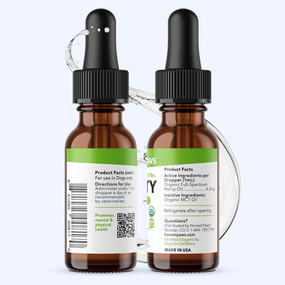 Honest Paws Hemp Oil for Dogs - Natural Hemp Seed Oil Calming Purity Drops for Dogs - Rich in Omega 3 6 9 to Promote Healthy Bones, Joint Support, Relaxation, Managing Normal Stress - Made in The USA