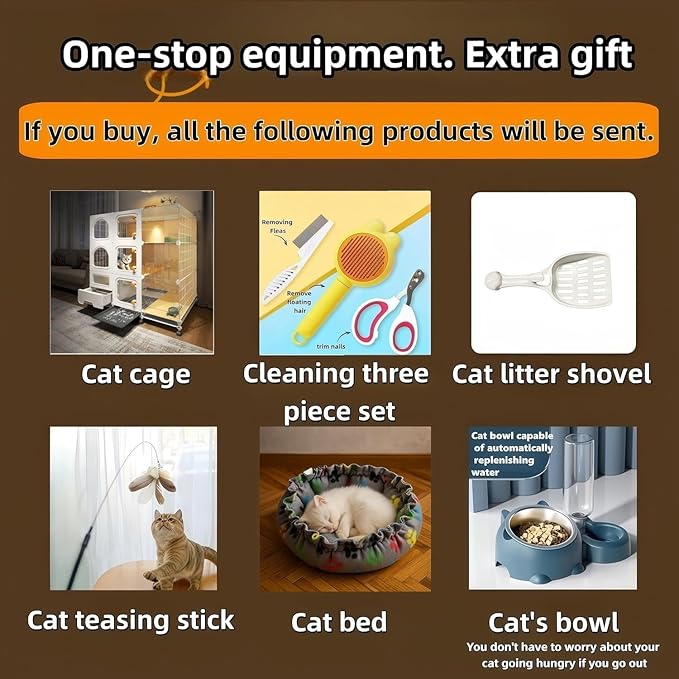 cat cage Indoor with Litter Box, Complimentary Bed, Bowl,Cleaning Three Piece Set,Large cat Enclosure, Cat House with Wheels Outdoor,Small Animal Cage cat Kennel (White, 41.8″(L) x18.1″(W) x32.3″(H))